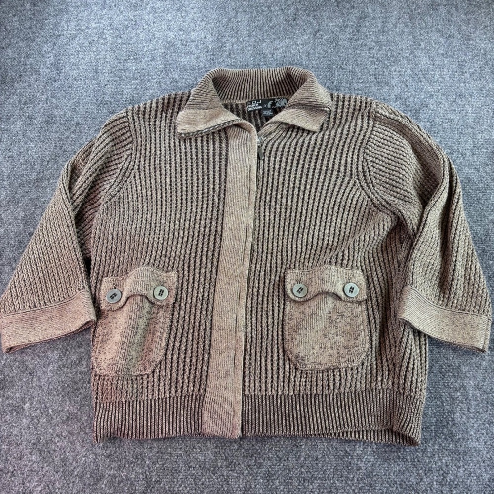 FDJ French Dressing Bomber Sweater Women Medium Brown 3/4 Sleeve Cotton Cashmere